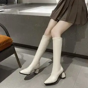 热风麦高跟长靴女2022年新款秋冬加绒瘦瘦靴子尖头皮靴150小个子