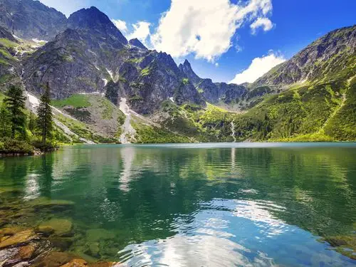 山水,连山,天空,白云,树木,湖水,晴朗,清新,风景山水壁纸图片