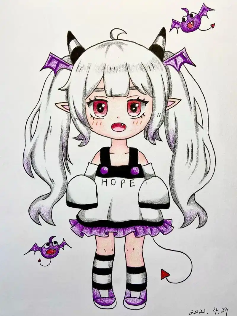 【恶魔小女孩94】彩铅漫画人物q版简单儿童画 使用材料:三菱勾线笔