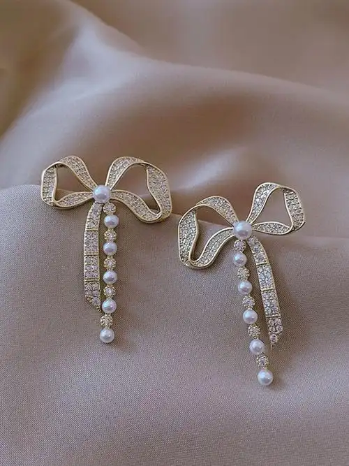 韩版蝴蝶结珍珠耳环女冷淡风925纯银针耳饰2020新款潮小众设计感