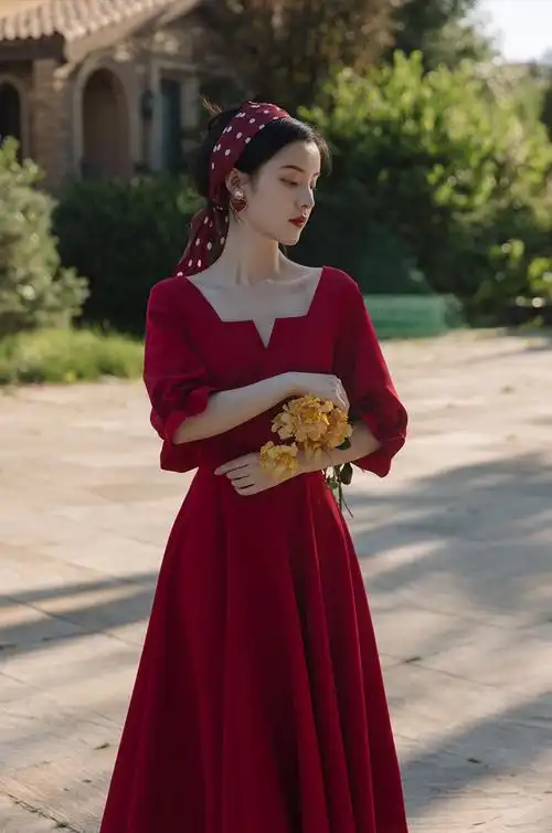 连衣裙女日常赫本风小红裙回门订婚礼服裙子平时可穿春秋红色五分袖s