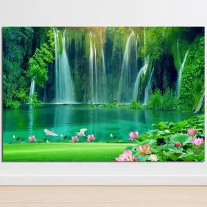 流水生财装饰挂画瀑布招财荷花大自然景色海报客厅餐厅护眼自粘画