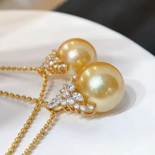 海水珍珠吊坠南洋金珠12-13mm高品质浓金圆强光18k厚金镶嵌招财金