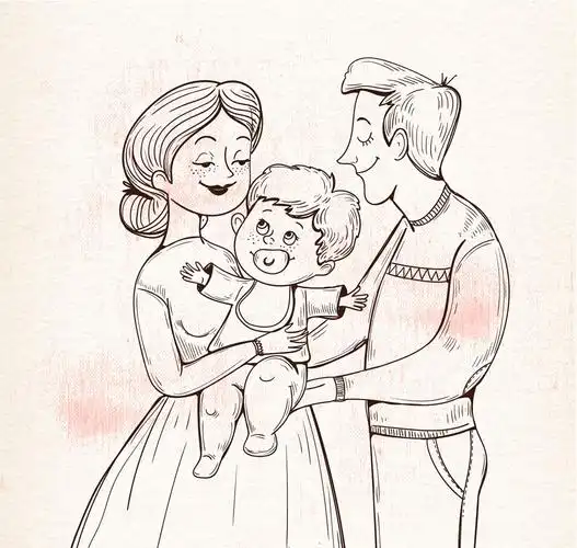 手绘幸福三口之家矢量素材