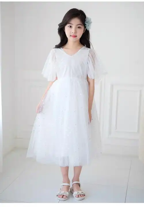 童装女童v领星星网纱裙夏季公主裙子中大童儿童ins网红连衣裙白色110
