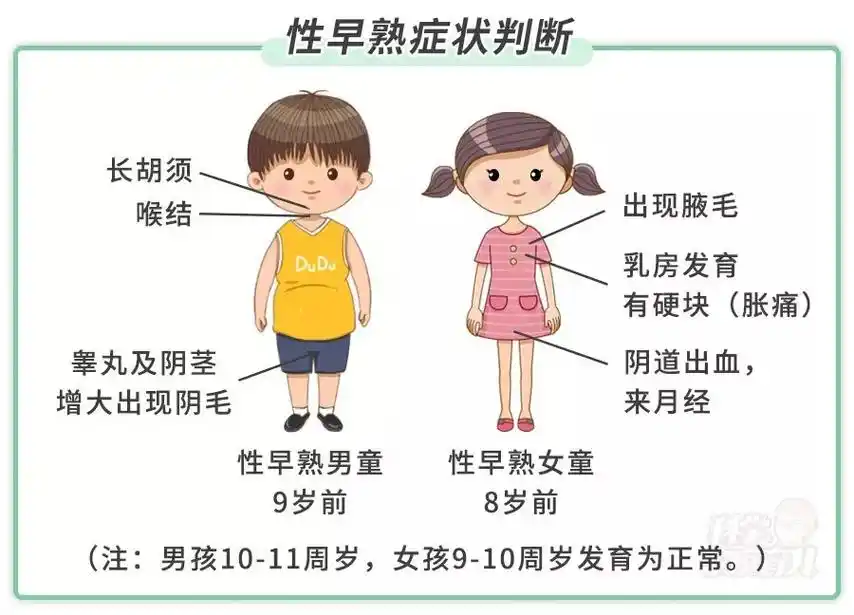 女孩乳房发育(出现硬结,乳头,乳晕增大)为首个体征,男孩睾丸增大