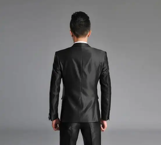 银灰色亮面结婚礼服青年西装男士百搭潮流西装上衣亮黑色1扣上衣xs160