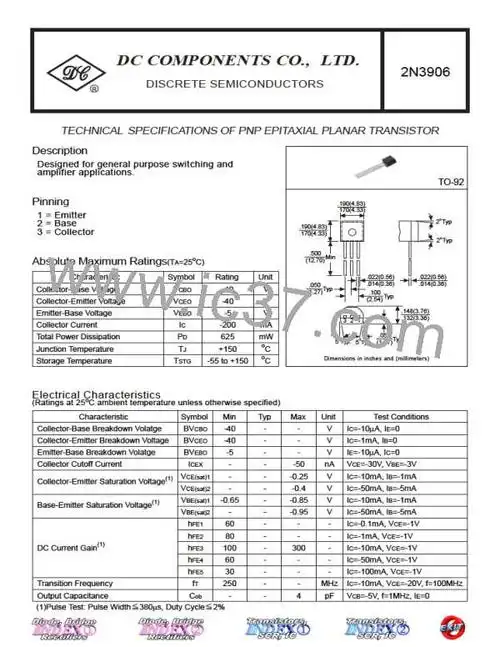 2n3906参数datasheetpdf下载