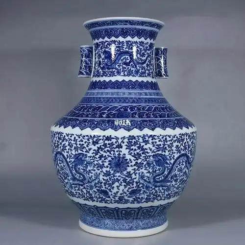 精品仿古收藏级青花缠枝莲龙纹贯耳瓶