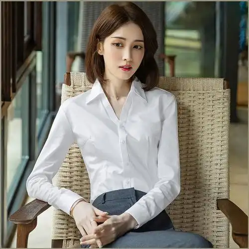 2022春秋新款v领职业白衬衫女长袖气质正装修身不透明短袖白衬衣