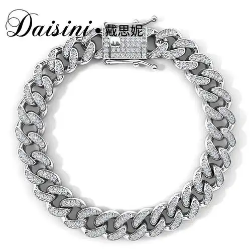 欧美嘻哈古巴链s925纯银男士莫桑钻手链跨境满镶莫桑石手饰-阿里巴巴