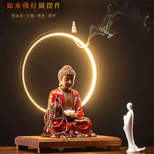 中式陶瓷释迦牟尼佛祖发光灯圈摆件大日如来佛像大号佛堂书房装饰