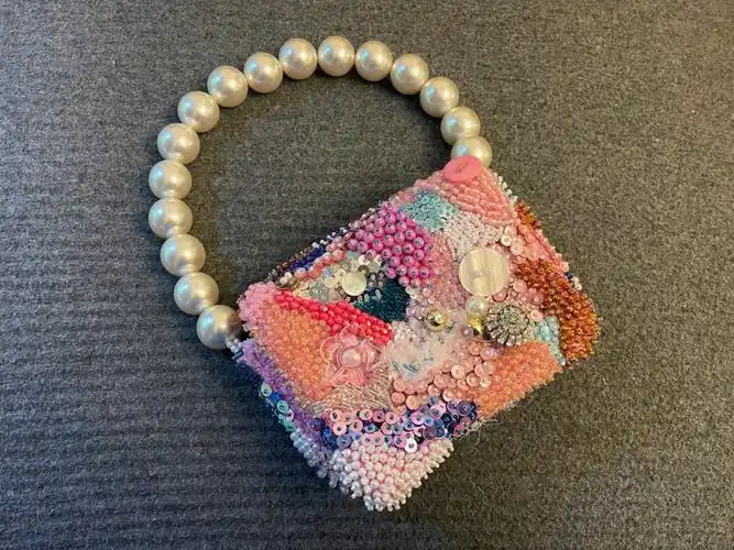 串珠包包串珠diy珍珠重工粉色毛呢包