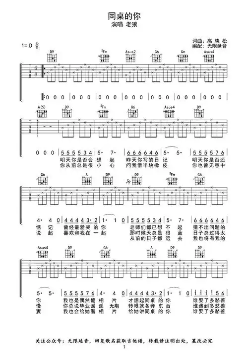 同桌的你吉他谱老狼吉他图片谱2张