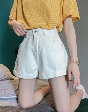 轻奢女装品牌2018新款休闲裤牛仔短裤女夏白色阔腿裤高腰百搭宽松港味