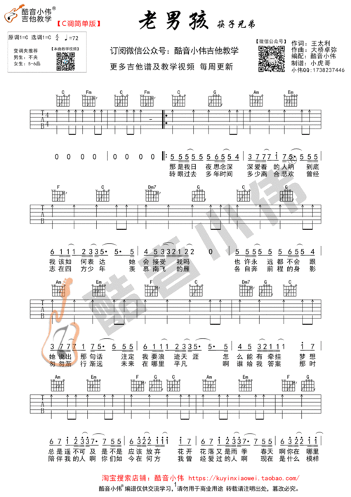 《老男孩》简单版(酷音小伟编谱)c调六线吉他谱-虫虫吉他谱免费下载