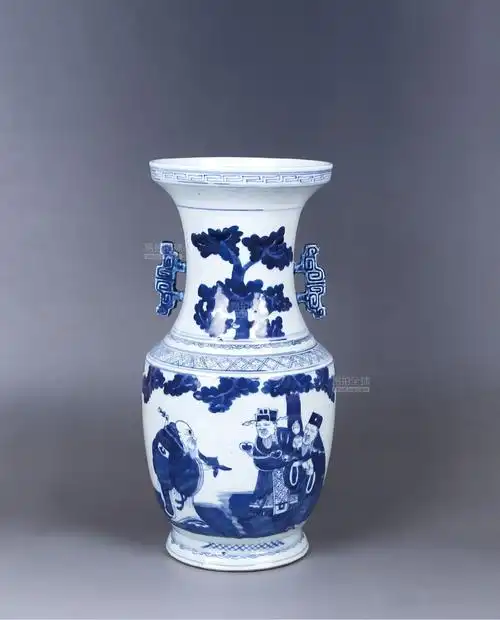 民国青花福禄寿人物双耳瓶