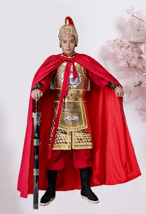 锁子甲古装男款古代盔甲将军大帅大将戏服岳飞演出服装金色铠甲披风