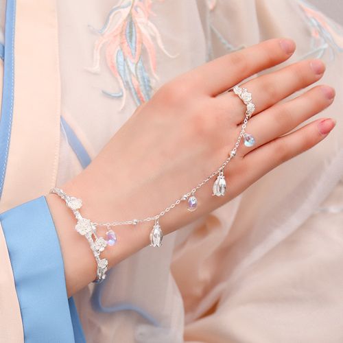 闺蜜手链一对古风彼岸花儿童汉服手镯超仙流苏铃铛戒指一体配饰品红色