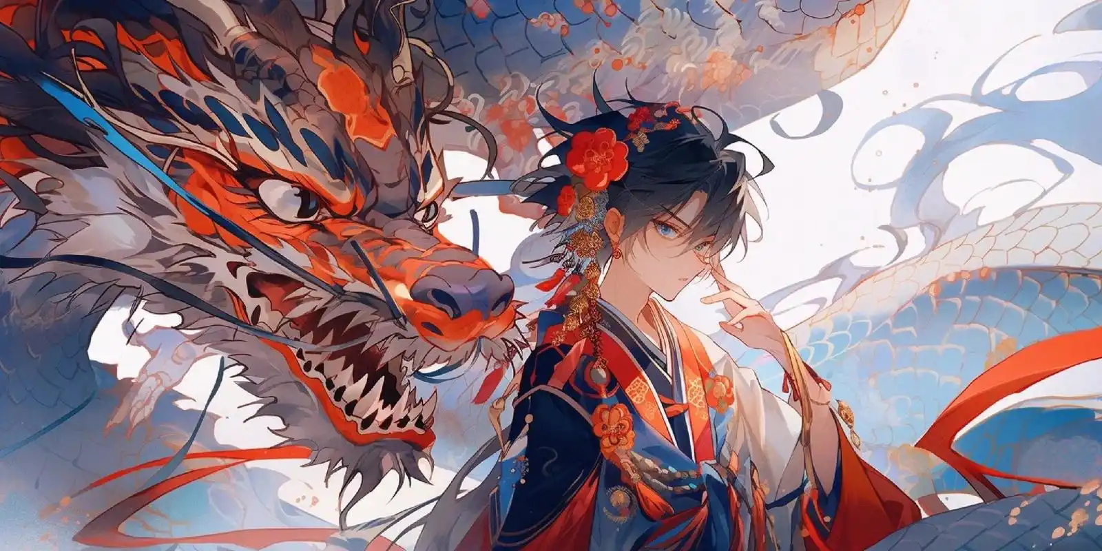 国风|动物拟人——中国龙 青红色,中国龙,少年,祥云图案