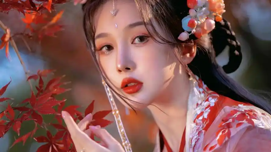 红色枫叶红色古装古风美女4k壁纸
