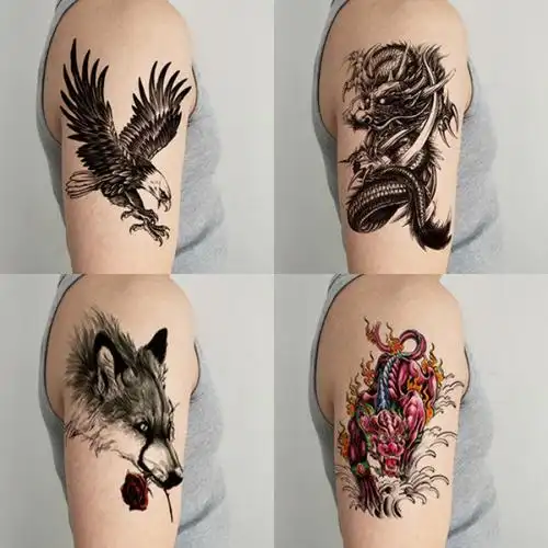 半臂纹身贴防水男图腾持久仿真逼真花臂小手臂狼头麒麟火焰龙刺青儿童