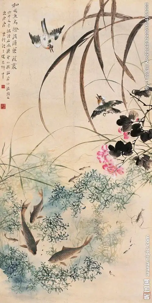 桃花鱼鸟图图片