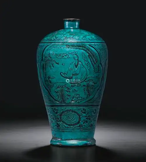 元磁州孔雀绿釉开光仙人仙鹤纹梅瓶