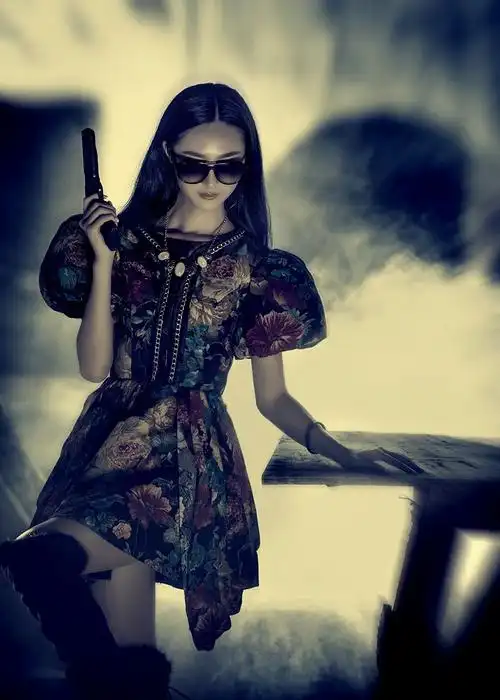 美图写真:长发披肩戴墨镜的女孩特务写真,展现酷酷的美