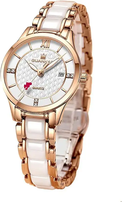 guanhao 女式白色陶瓷手表,防水钻石女士手表带陶瓷表带,时尚小表盘