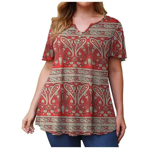 2021欧美夏季女装亚马逊wish新款潮流数码印花宽松v领短袖上衣