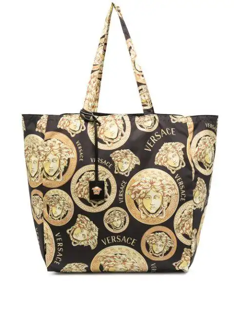 versace范思哲女士手提包系列_花呢格纹混合面料手提包_铆钉牛皮手提