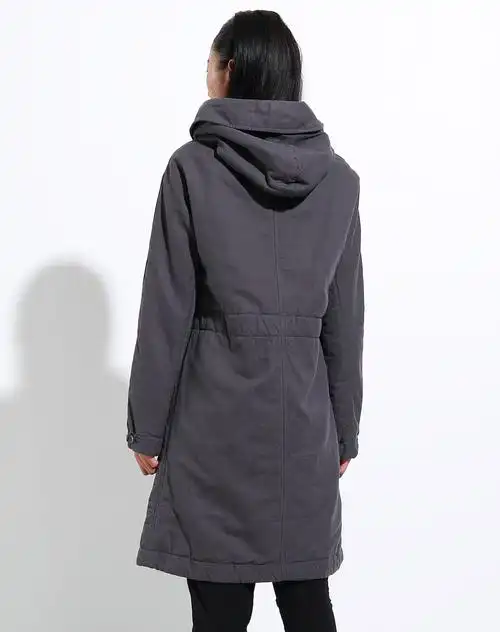 深蓝灰连帽休闲长优雅棉衣