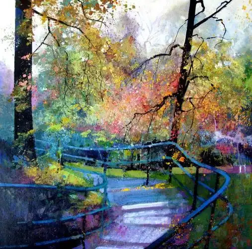 油画里很漂亮的水景和树景,看得舒心开阔