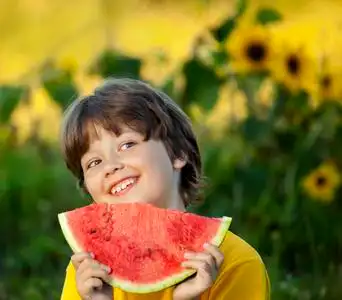 快乐的孩子在花园里吃西瓜.水果在户外的男孩照片