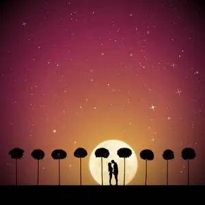 恋人间的思念月光下树间的情人.矢量插图与爱侣在公园的剪影.