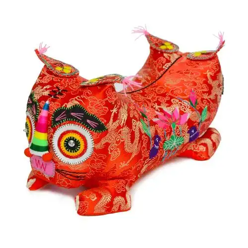 枕头老虎宝宝手工刺绣双面绣花花虎头枕镇宅辟布老虎