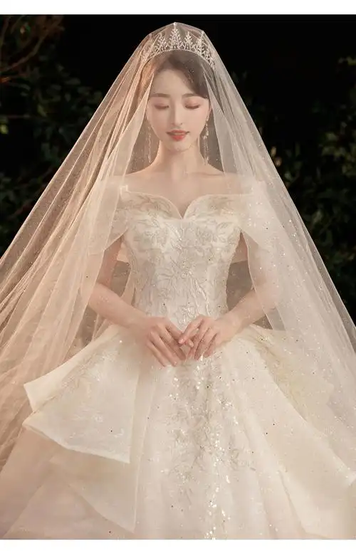 婚纱2022新款新娘主婚纱法式一字肩重工奢华大拖尾超闪高端小个子香槟