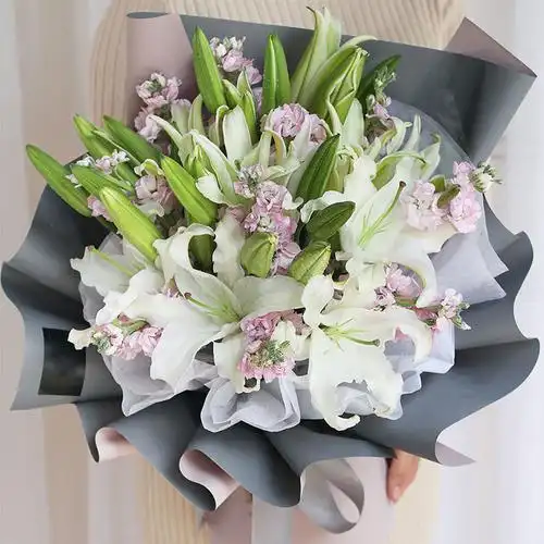 19朵百合搭配紫罗兰花束清新高雅送女朋友老婆妈妈老师闺蜜朋友生日