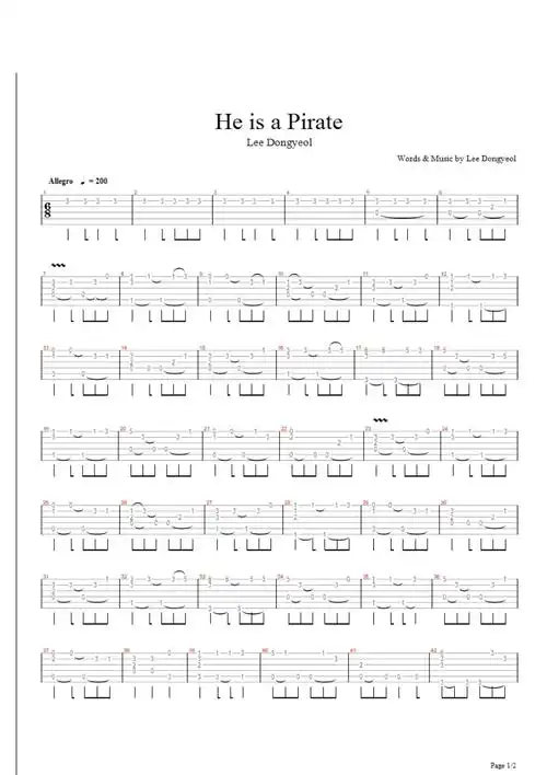 指弹吉他谱加勒比海盗