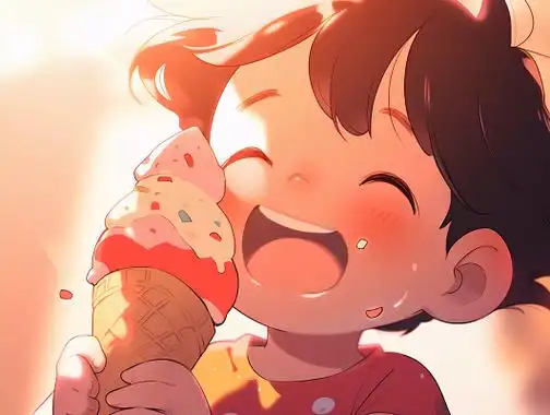 夏日夏季孩子开心的吃冰激凌甜筒的卡通风格插画