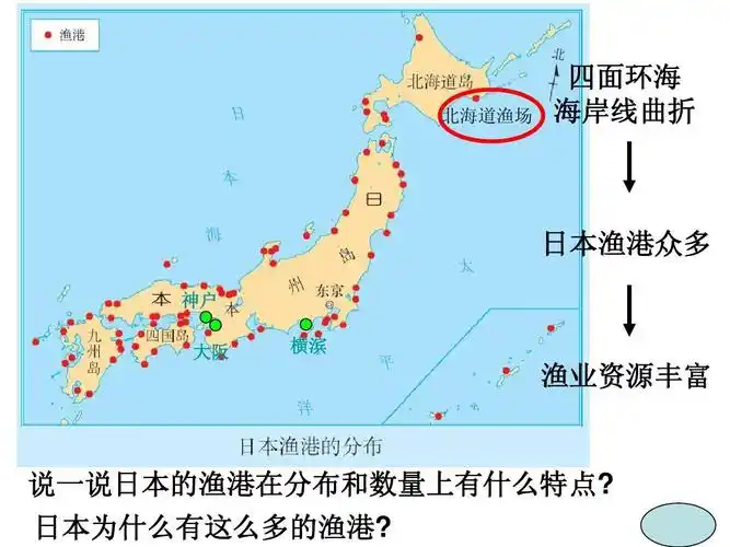 北海道渔场 四面环海 海岸线曲折 日本渔港众多 神户 大阪 横滨 渔业