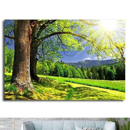 一棵大树壁画绿色参天大树阳光自然风景海报客厅房间背景墙贴画5