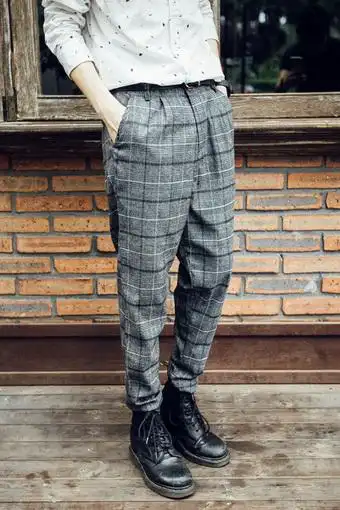 新款男生潮流格子小脚裤秋季