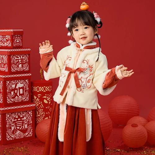 小女孩喜庆红拜年服新年装明制长裙套装过年唐装汉服女童冬装