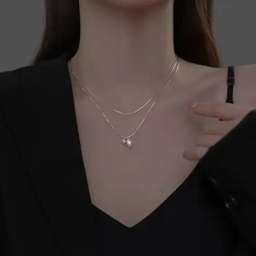 爱洛奇s925银双层交错设计感珍珠光珠简约锁骨链女夏季新款项链