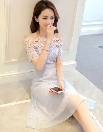 一字肩蕾丝连衣裙2018新款女装潮初恋温柔超仙女收腰冷淡风裙子夏