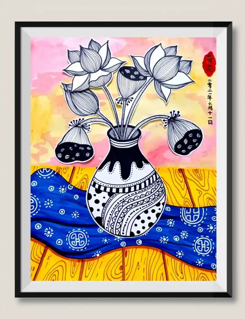 创意美术——荷花 儿童画荷花,荷花线描,花瓶里的荷花 适合年龄:8—12