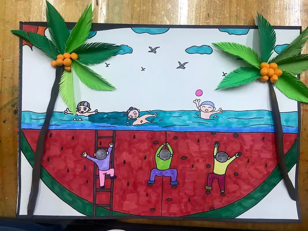 西瓜游泳池.#创作灵感 中班儿童创意绘画儿童简笔画绘画过程# - 抖音