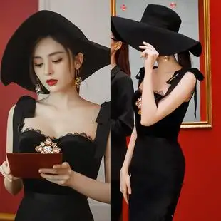 明星古力娜扎同款黑色吊带连衣裙女夏2021新款镶钻蕾丝修身礼服